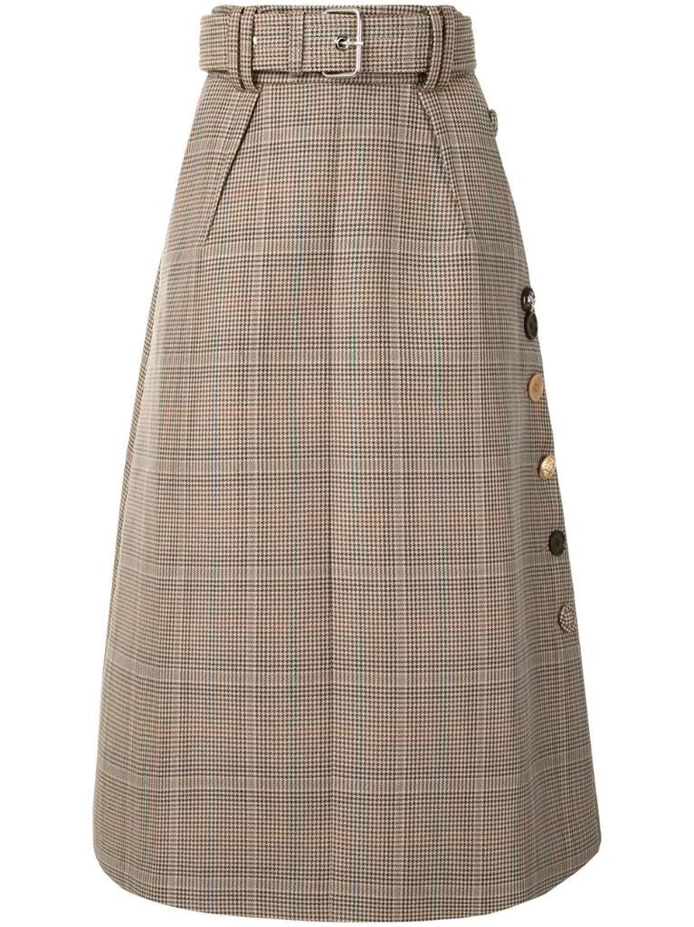 belted check print midi skirt