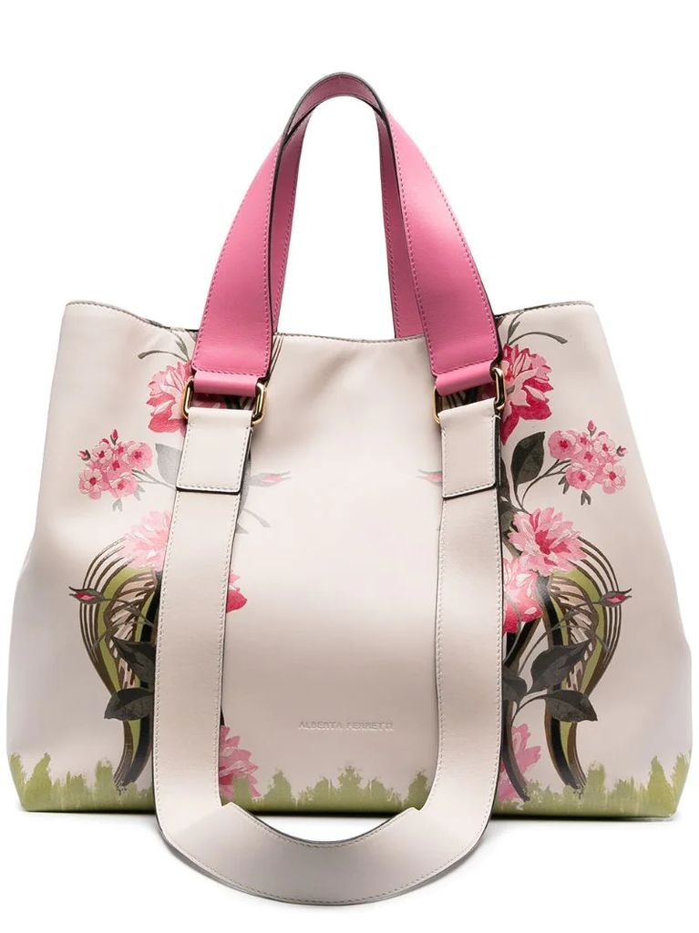 floral print leather tote
