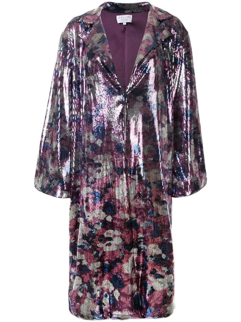 sequin-embellished floral-pattern coat