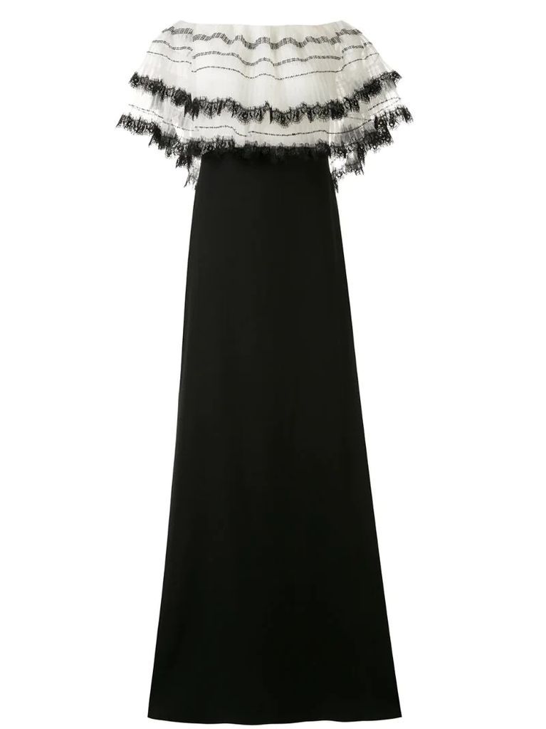off the shoulder pleated paillettes gown
