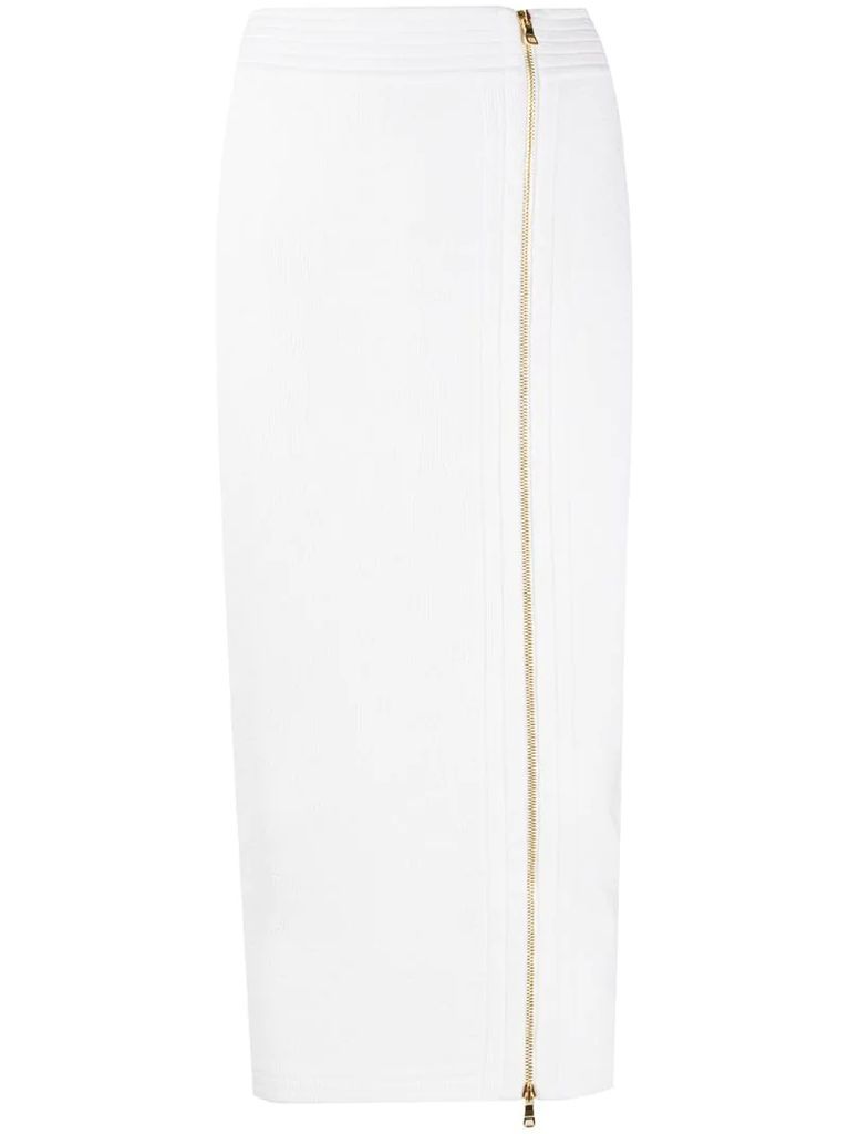 zip-front fitted midi skirt