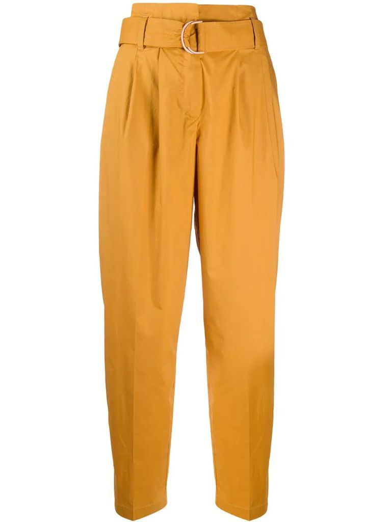 belted tapered-leg trousers
