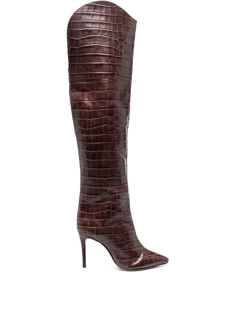 embossed croc knee-length boots