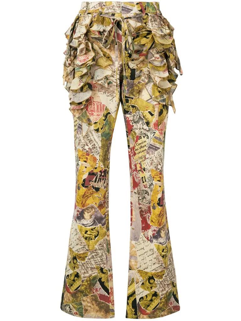 ruffled patchwork-print flared trousers
