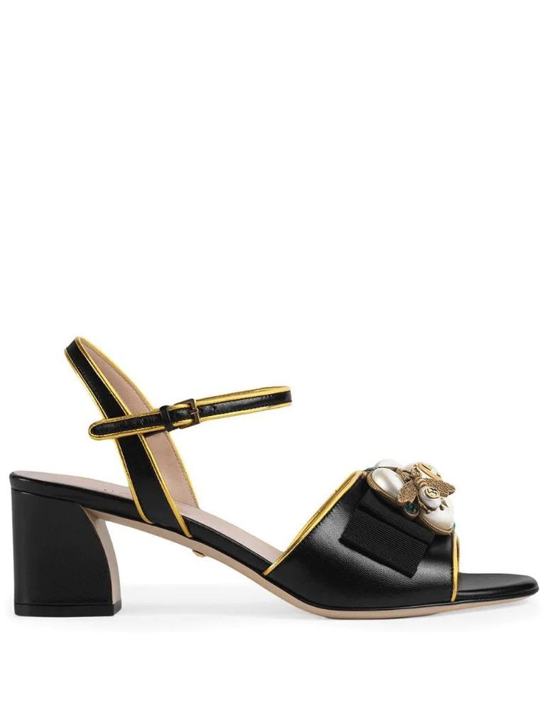 Leather mid-heel sandal with bee