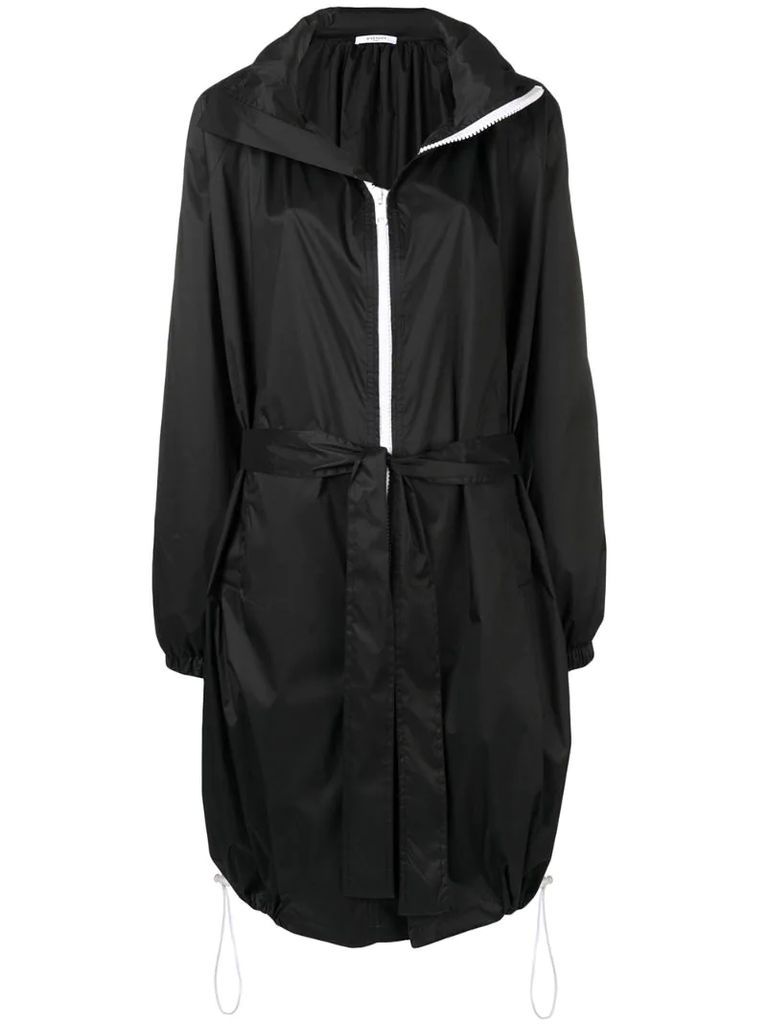 mid-length belted raincoat