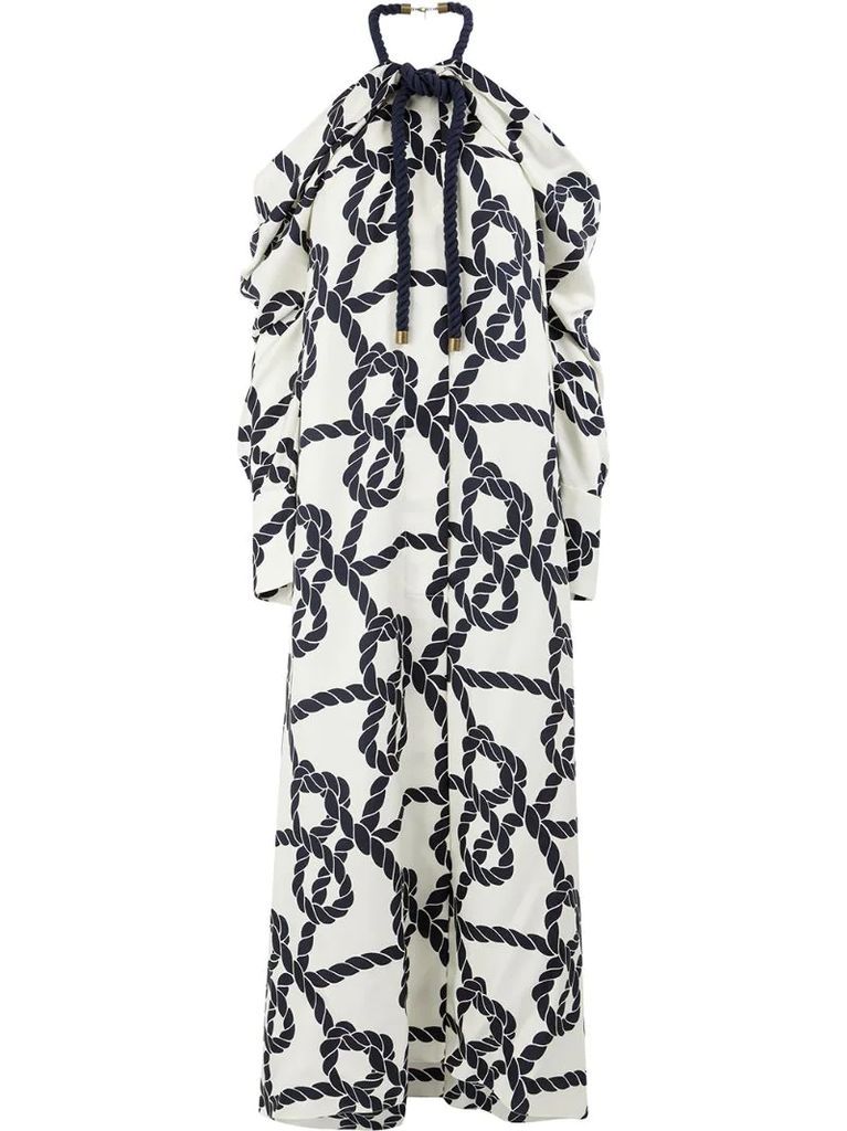 rope print cold shoulder dress