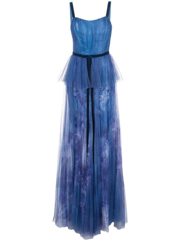 printed sequin pleated tulle gown