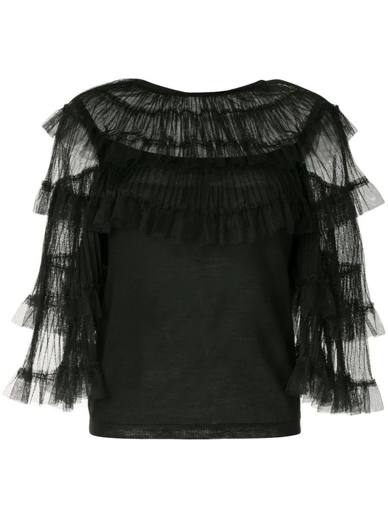 tulle-sleeve knitted top