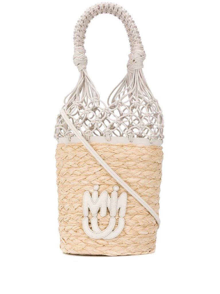 netted straw bucket bag