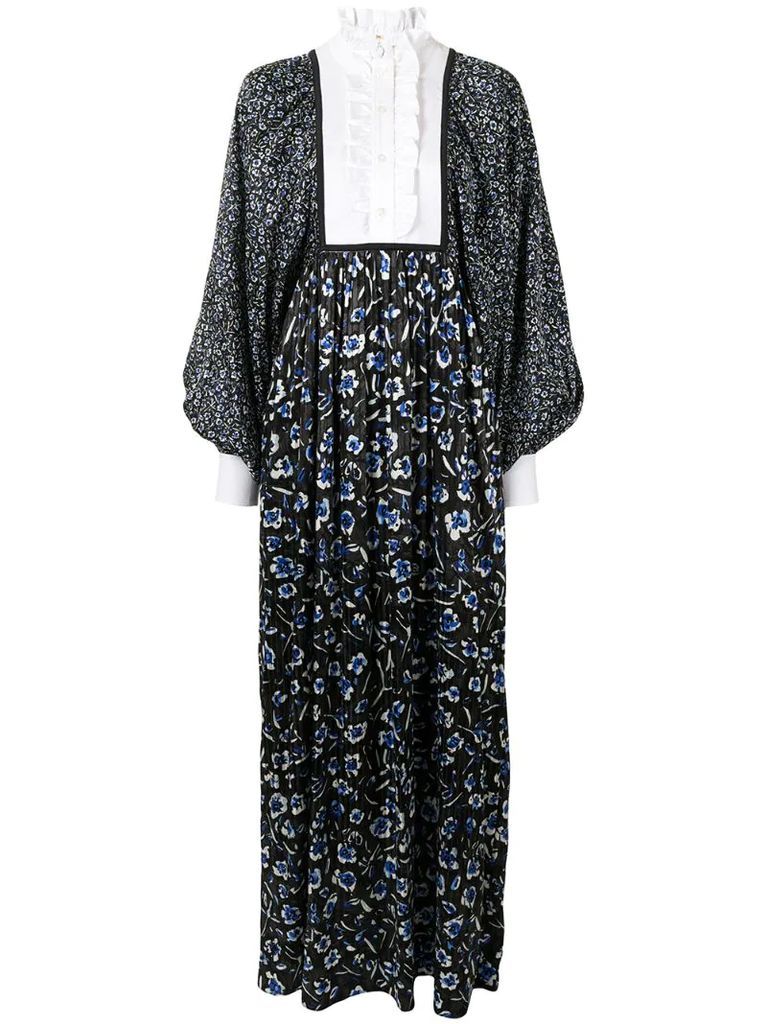 ruffle floral maxi silk dress