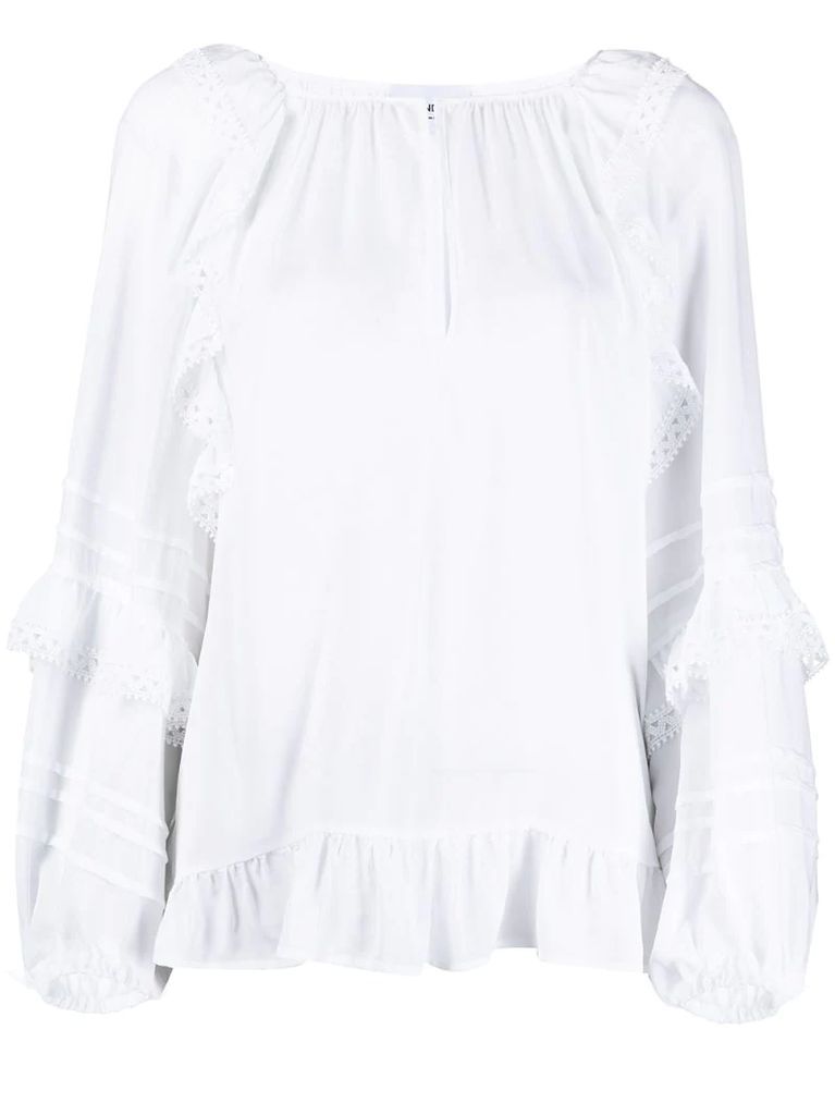 ruffle-trim balloon-sleeves blouse