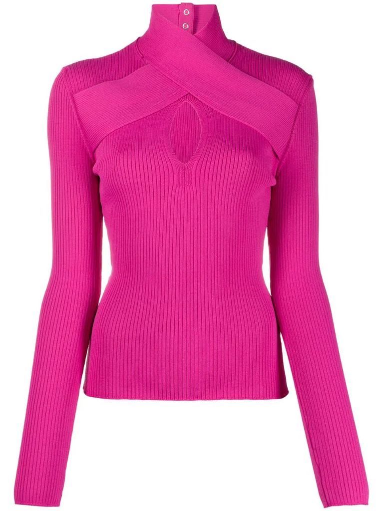 wrap neckline ribbed jumper