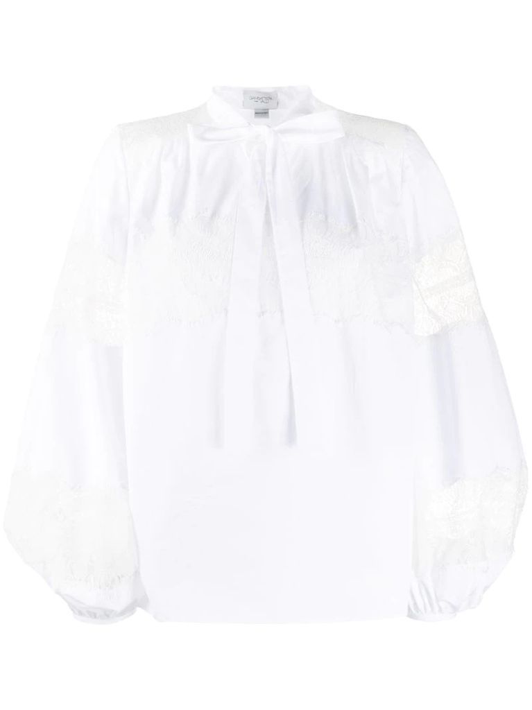embroidered panel tie neck blouse
