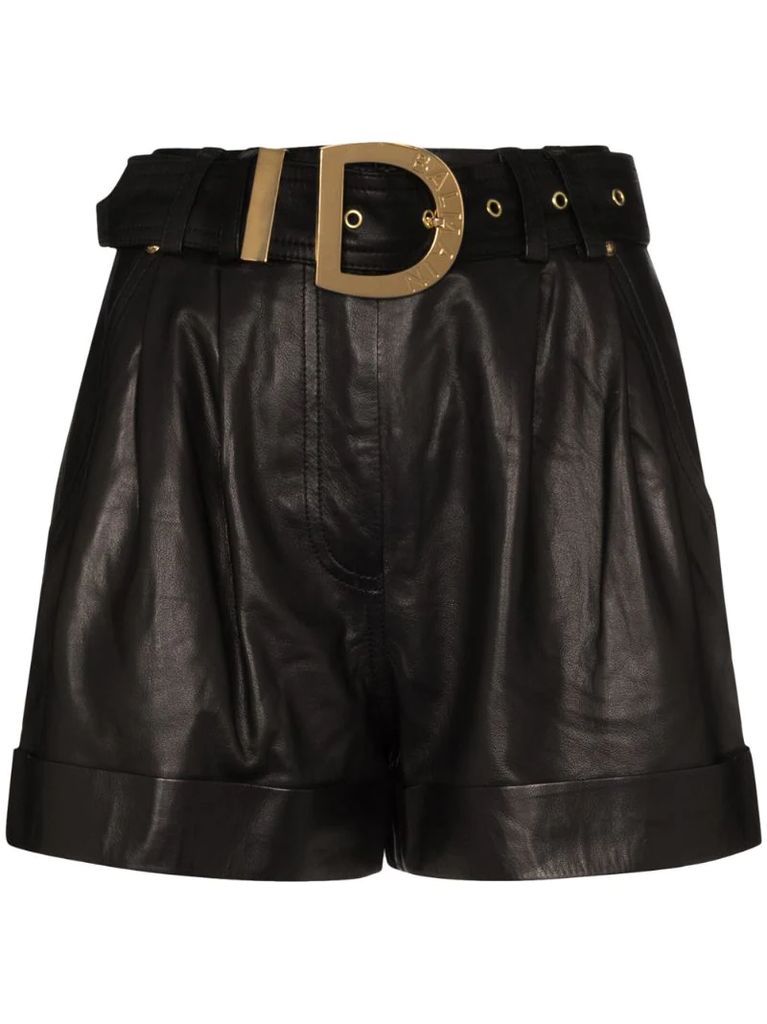 high-waisted belted leather shorts