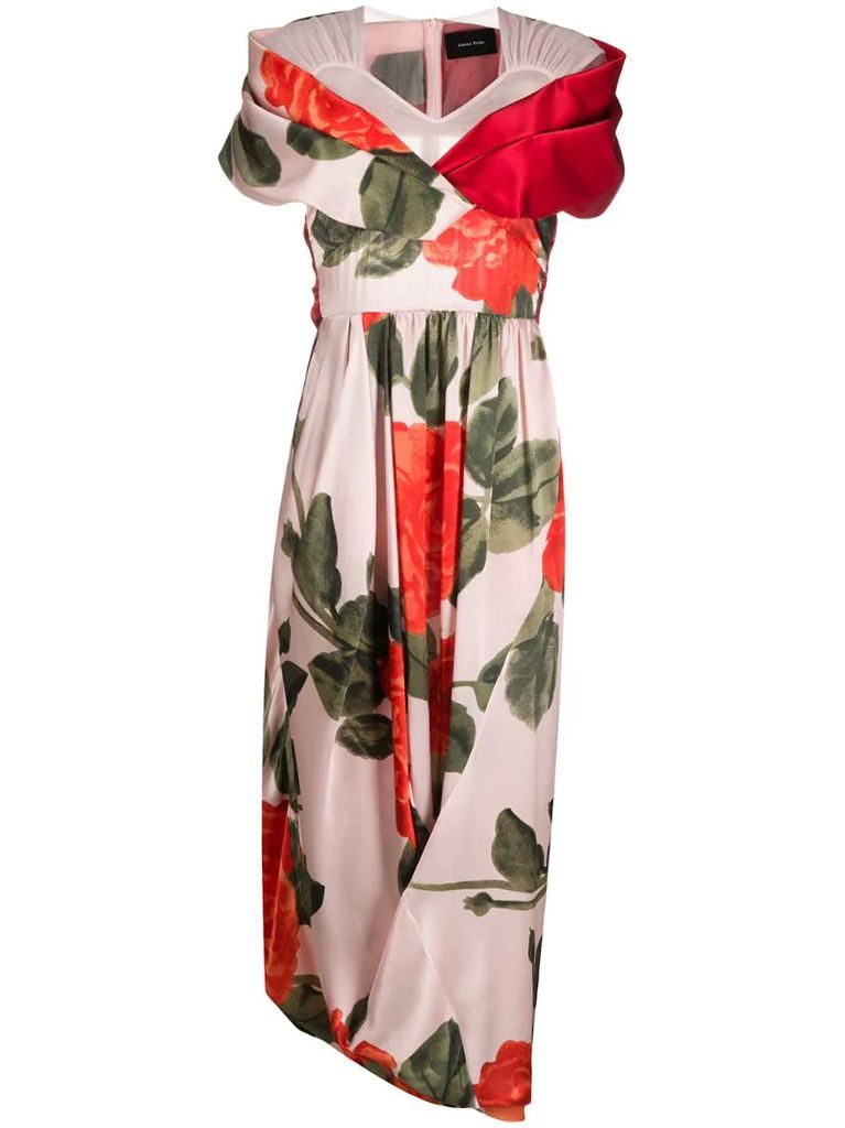 asymmetric rose print dress