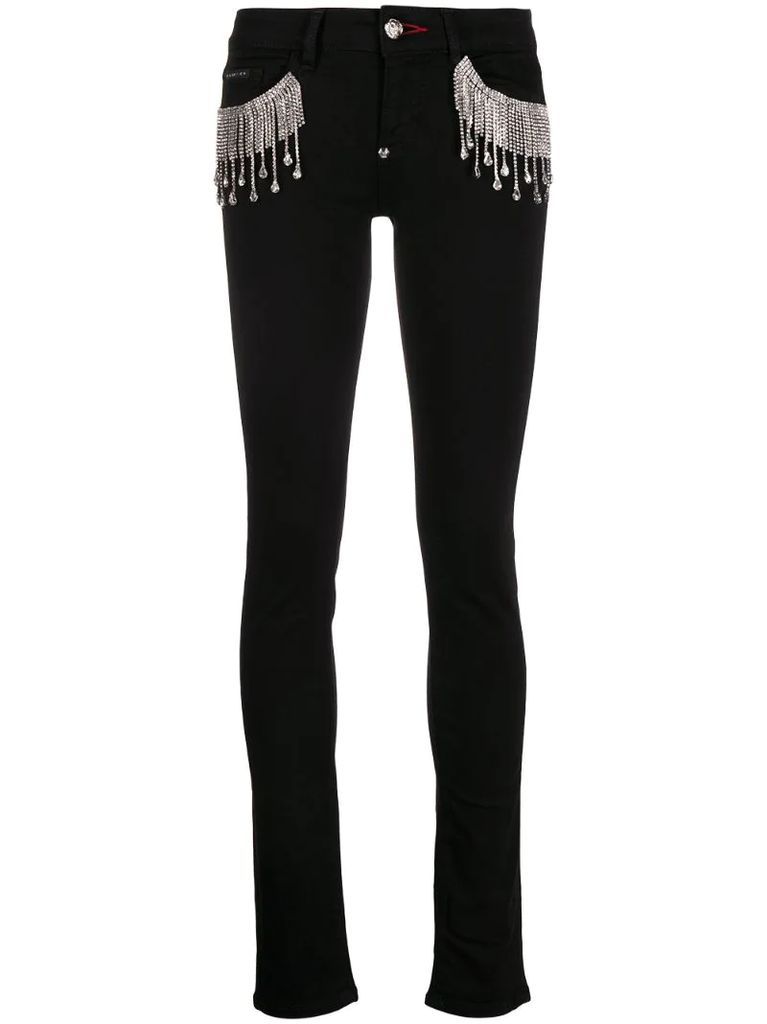 crystal fringe-embellished skinny jeans