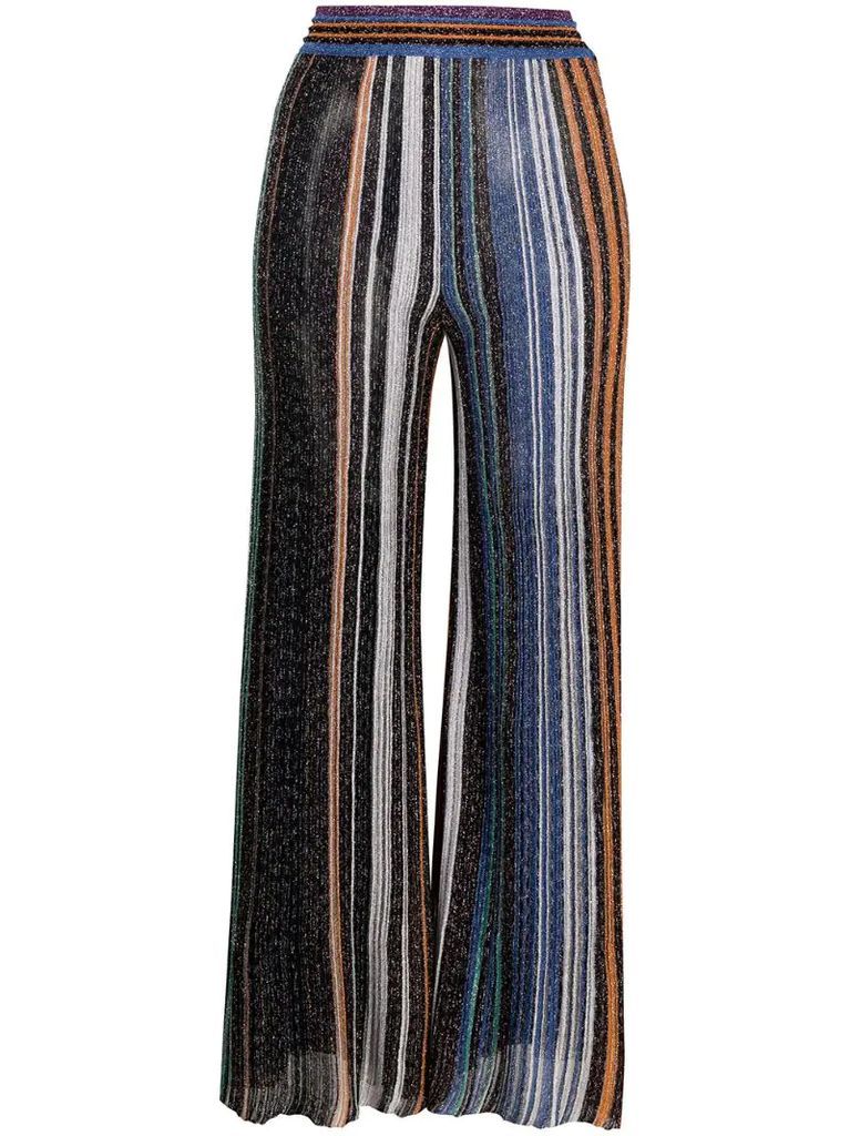 metallic knit striped flared trousers