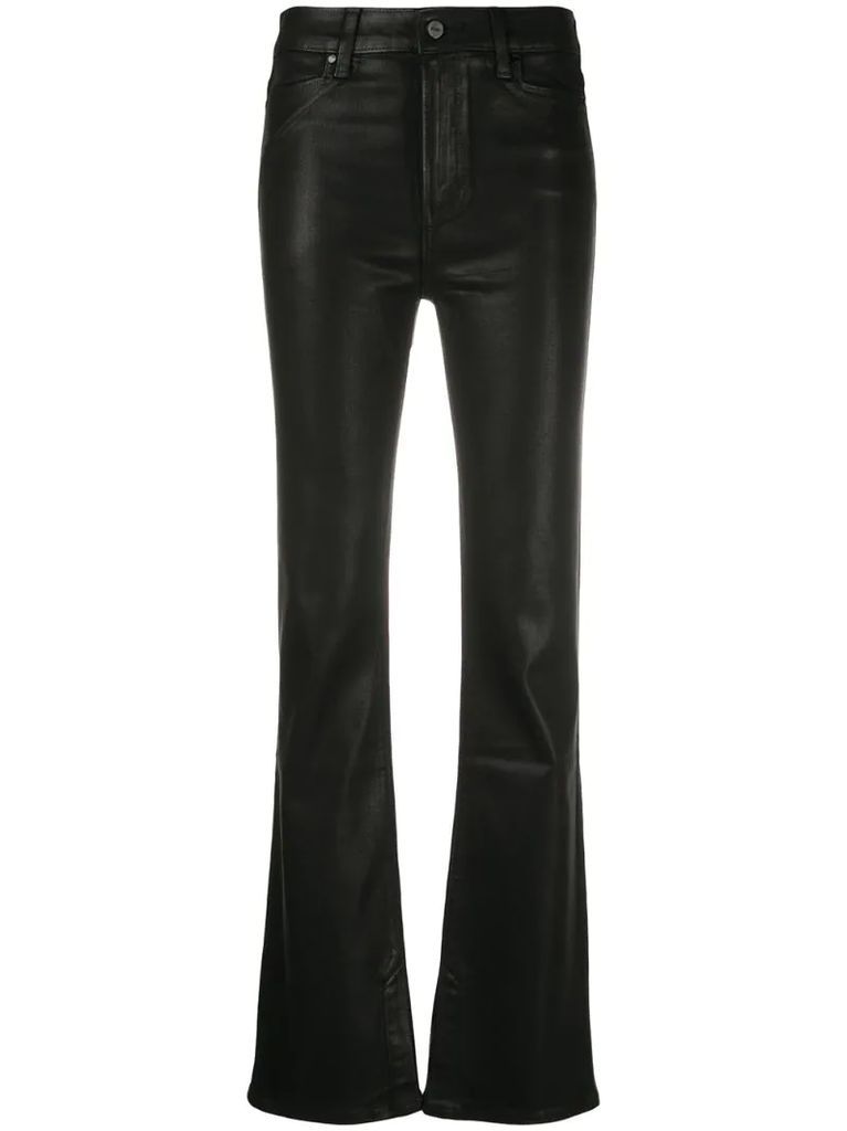 coated bootcut trousers