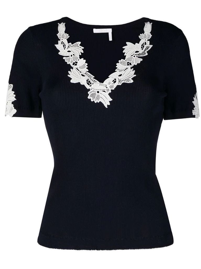 floral lace trim ribbed top