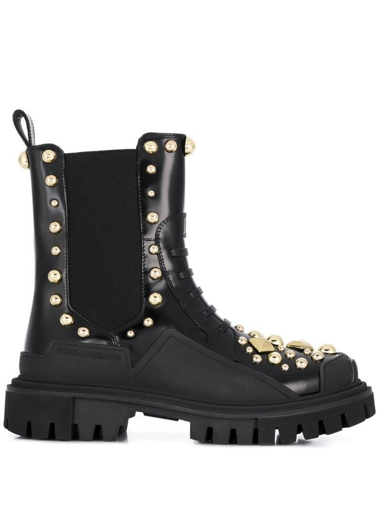 studded embroidery combat boots