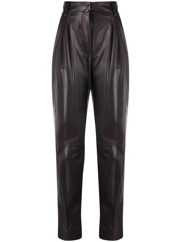 pleated tapered leather trousers