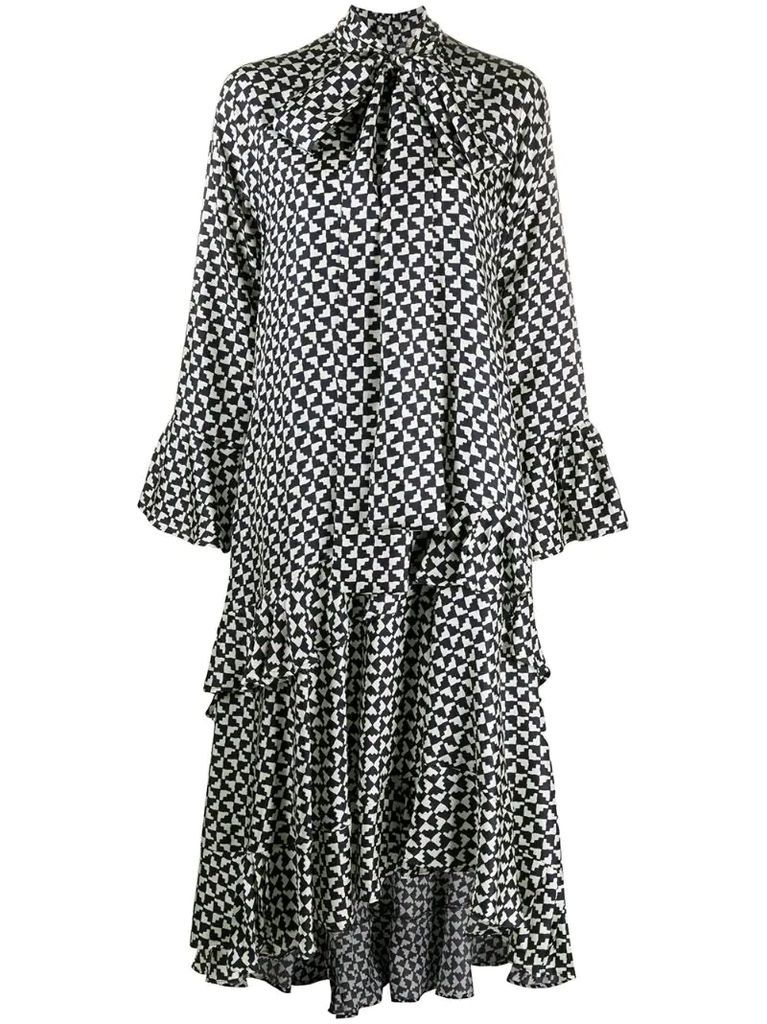 geometric-print tiered satin dress
