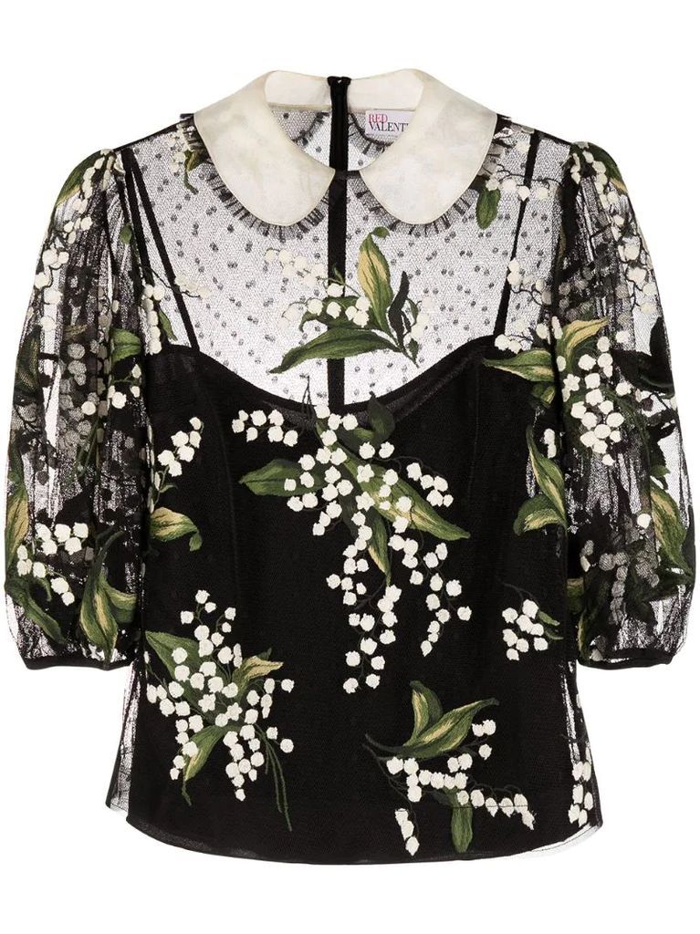 puff-ball floral-embroidery blouse