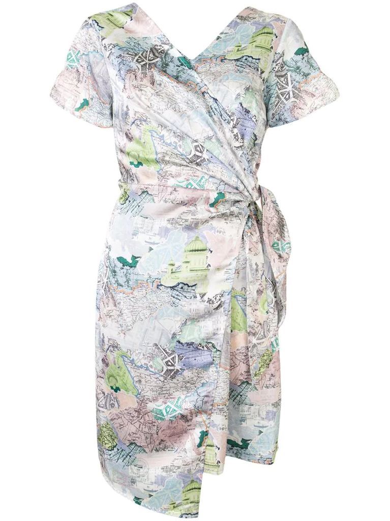 map-print wrap dress