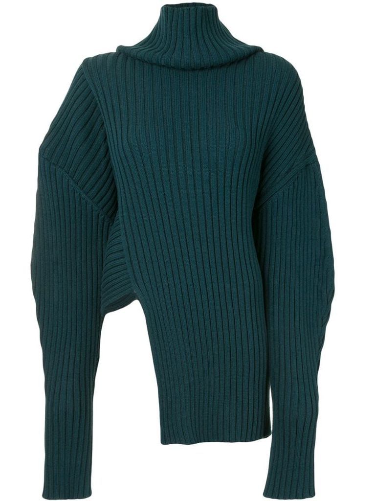 asymmetric ribbed high neck jumper