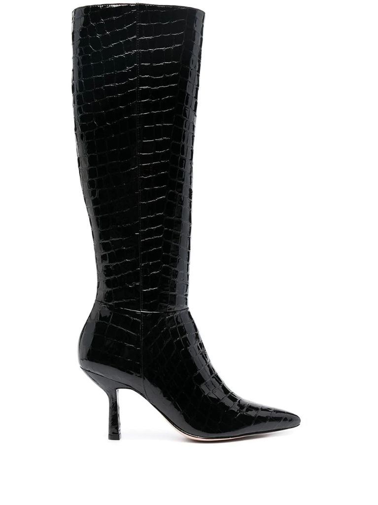 embossed croc effect knee-length boots