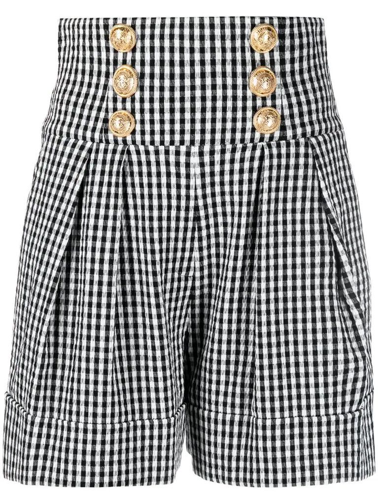 high-waisted embossed-button check shorts