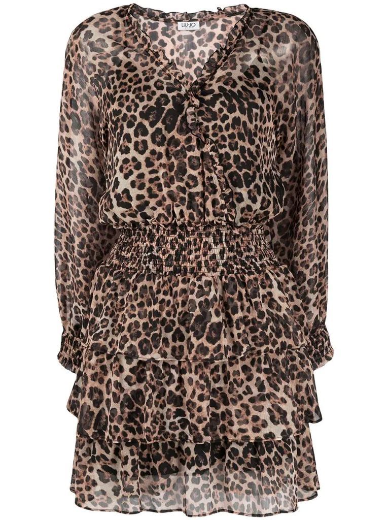 leopard-print long-sleeved mini dress