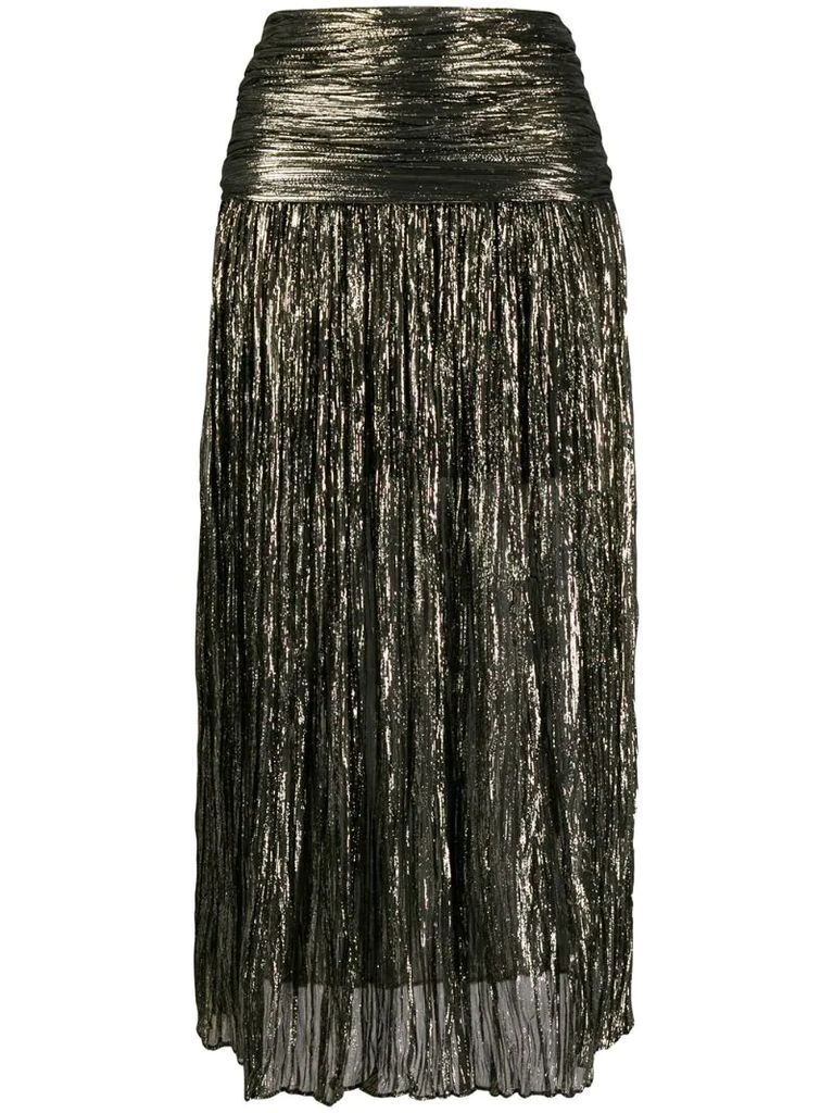 metallic pleated midi skirt