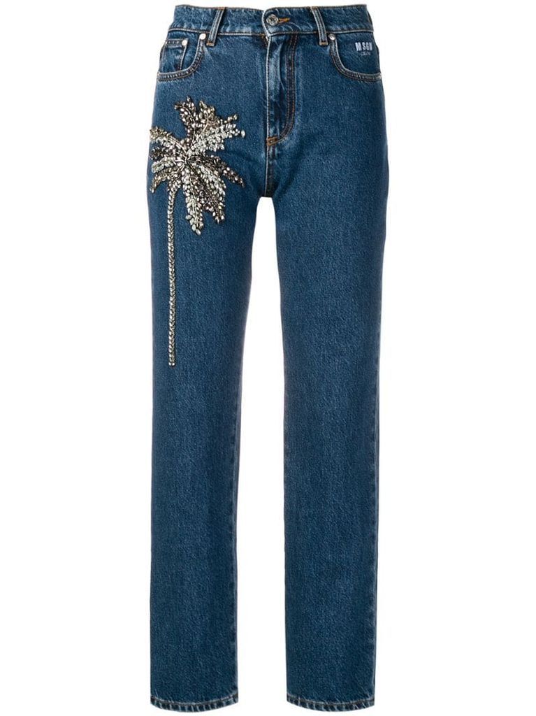 palm tree-embellished jeans