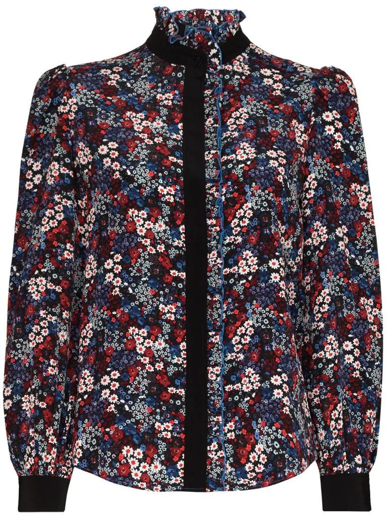 floral-print ruffle-collar silk blouse