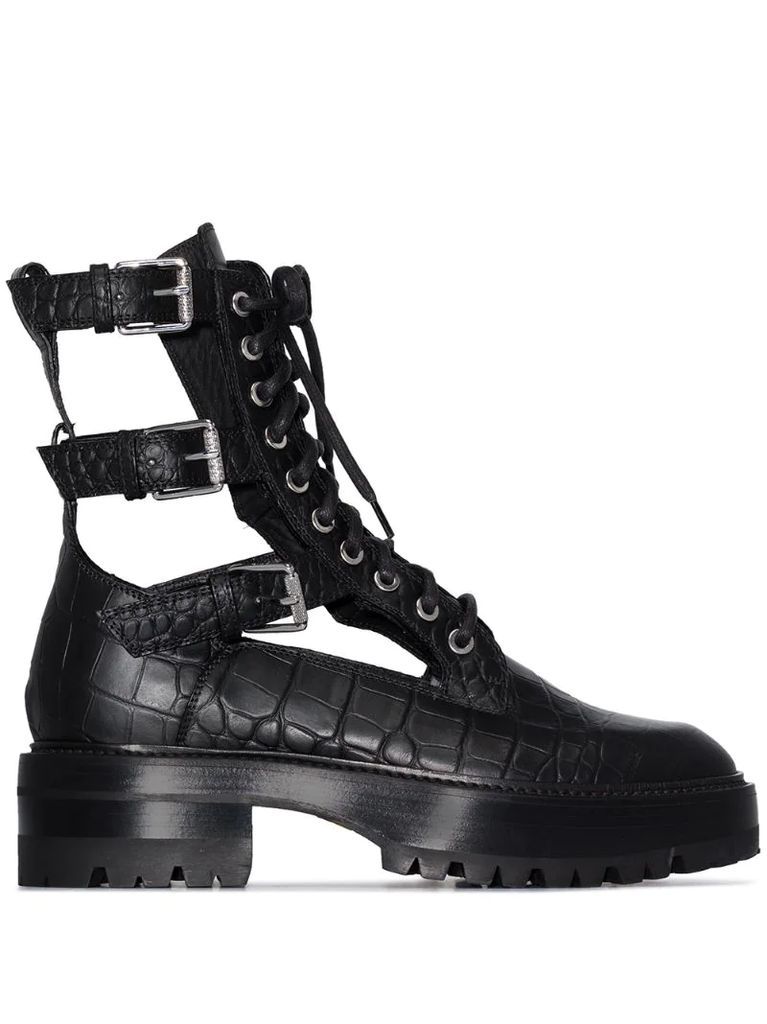 snake-embossed cut-out combat boots