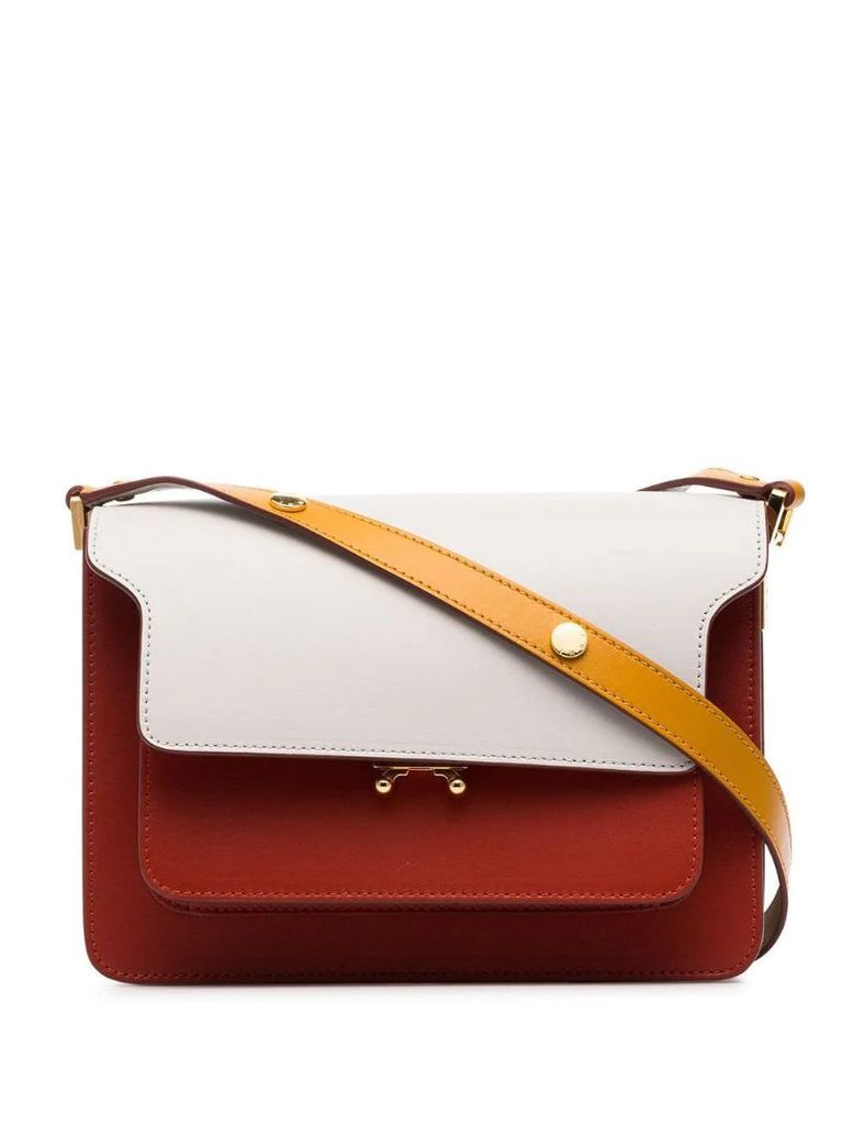white, yellow and red trunk small leather shoulder bag
