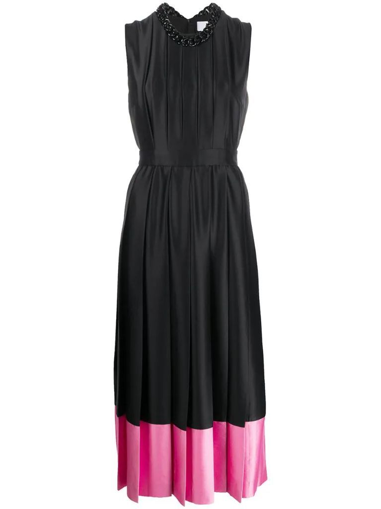 contrast-hem pleated satin dress