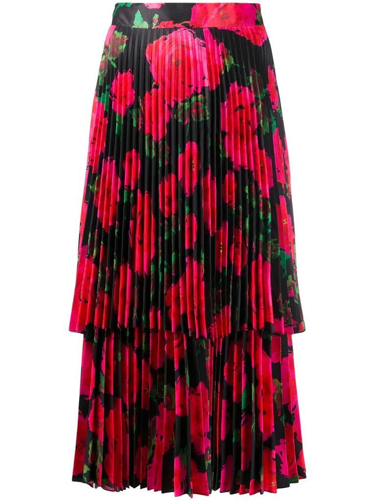 pleated floral print silk skirt