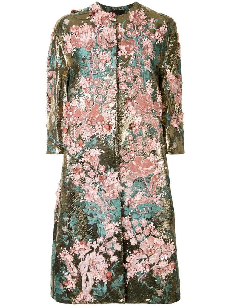 embroidered floral-brocade coat