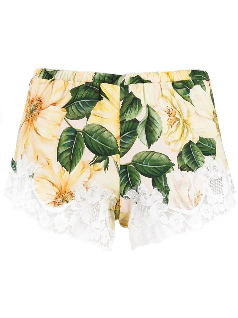 camellia-print lace detail shorts