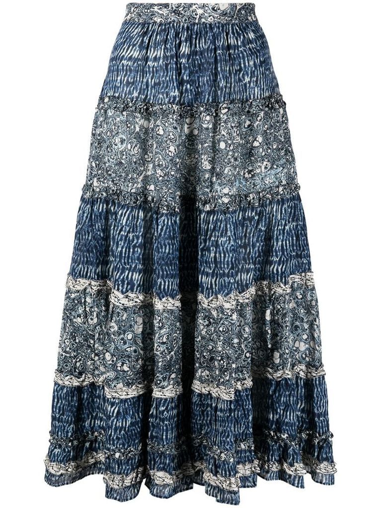 paisley-print tiered midi skirt