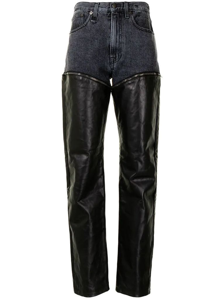 zip-away leather panel jeans