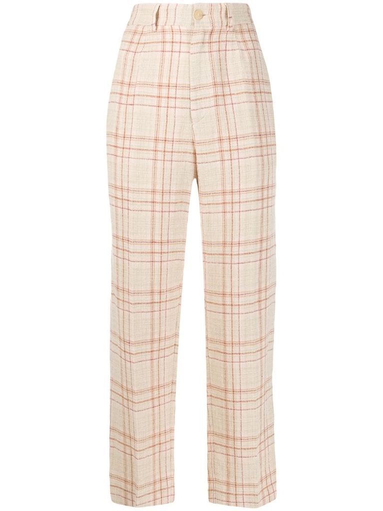 textured check patterned trousers