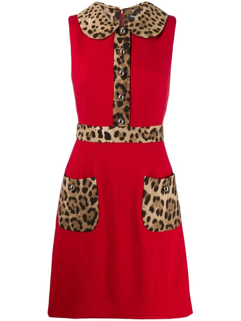 leopard-print trim flared dress