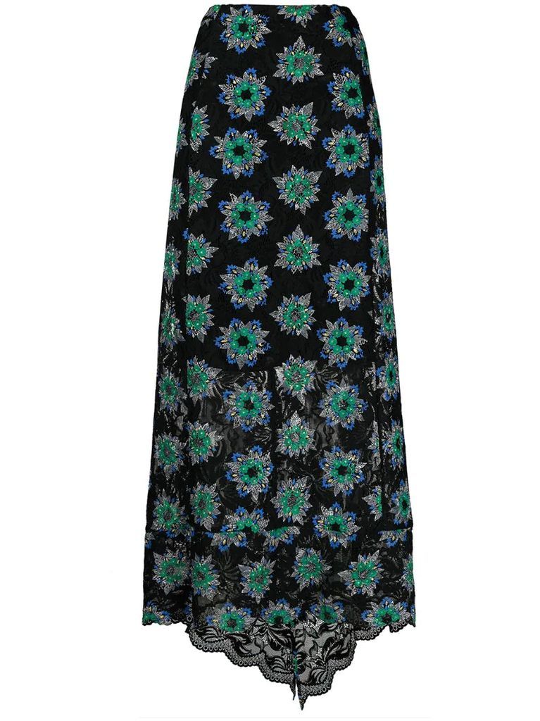 asymmetric floral-print lace skirt