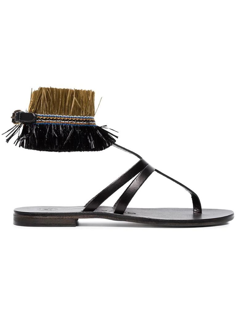 black Ariana Raffia flat leather sandals