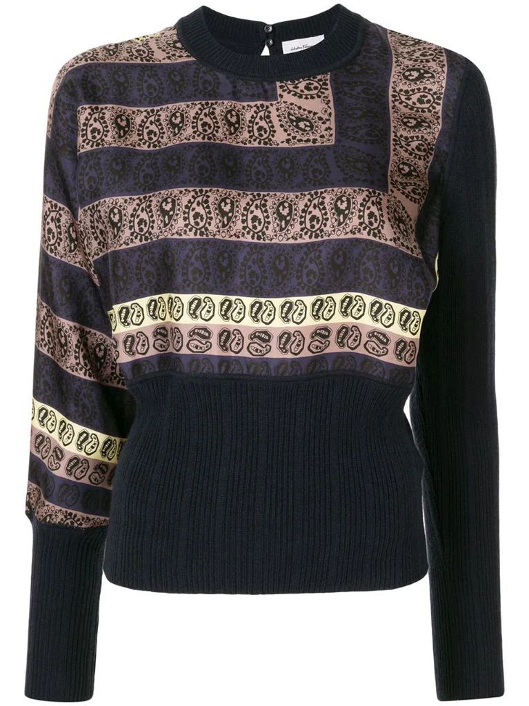 paisley print panel knitted top