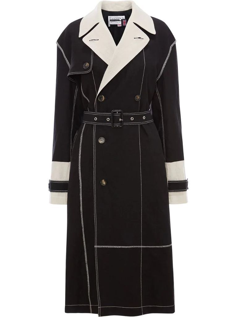contrast stitching belted trench coat